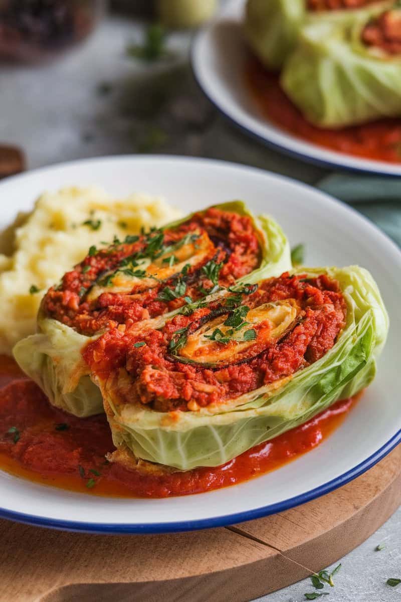 Savory Napa cabbage rolls served with tomato sauce and mashed potatoes