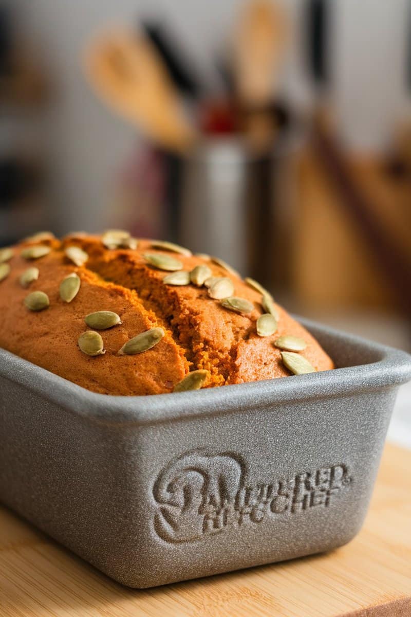 A loaf of savory pumpkin bread topped with pumpkin seeds, baked in a Pampered Chef stone loaf pan.