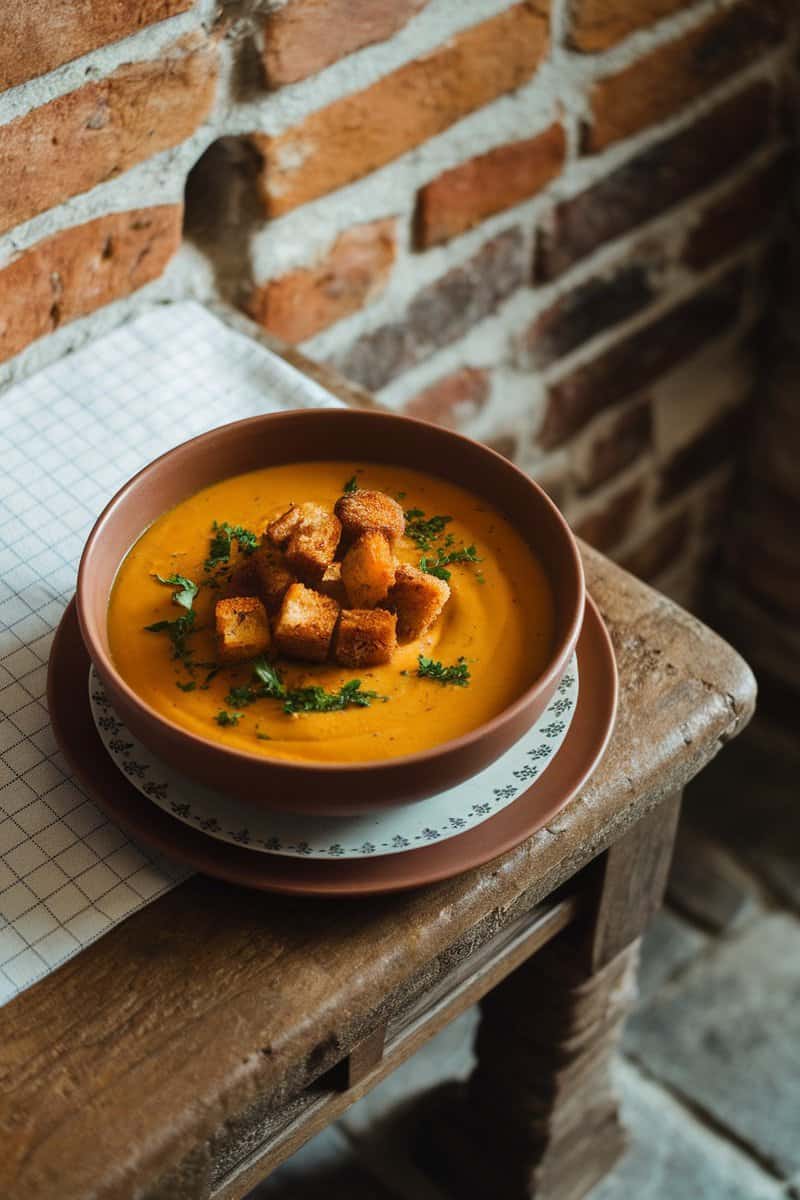 A bowl of creamy pumpkin soup topped with croutons and herbs, set against a brick wall.