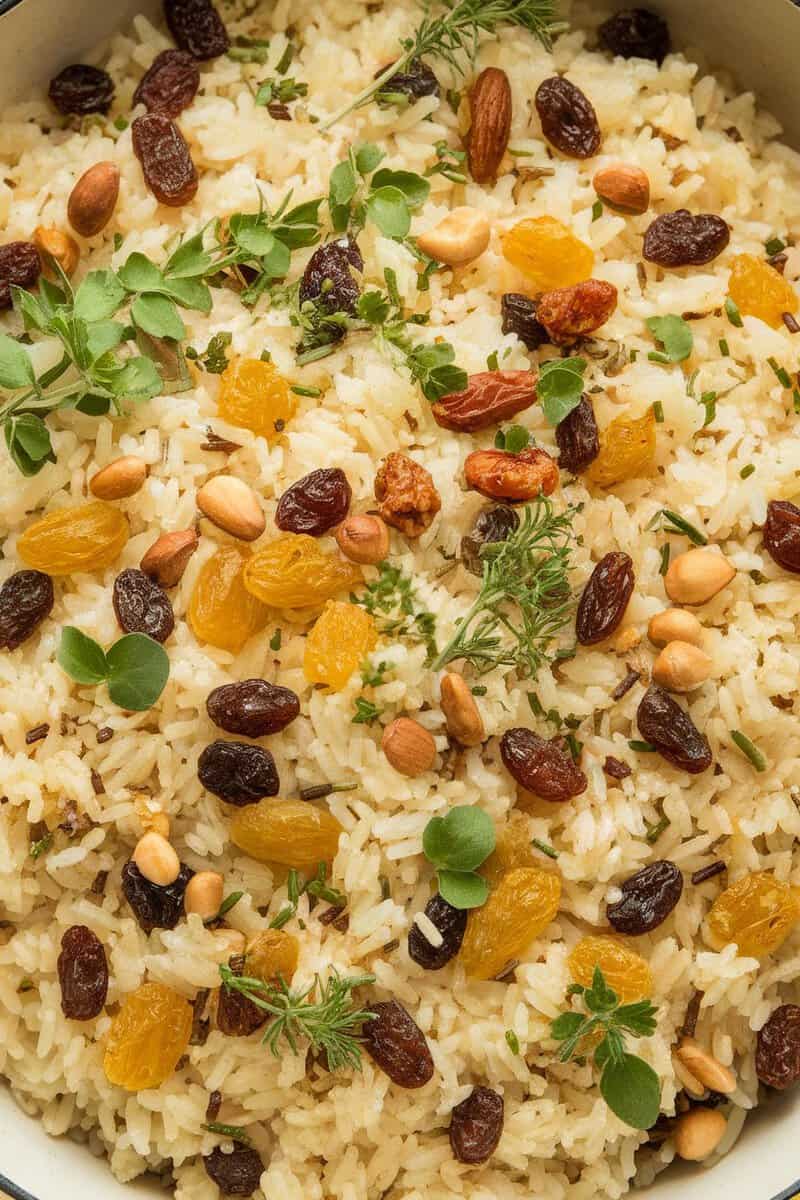 Savory rice pilaf with raisins and nuts garnished with herbs.