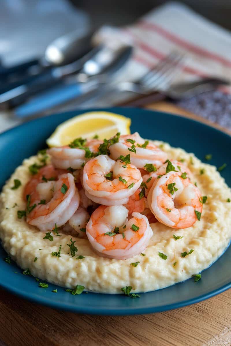 A plate of creamy grits topped with sautéed shrimp and parsley.