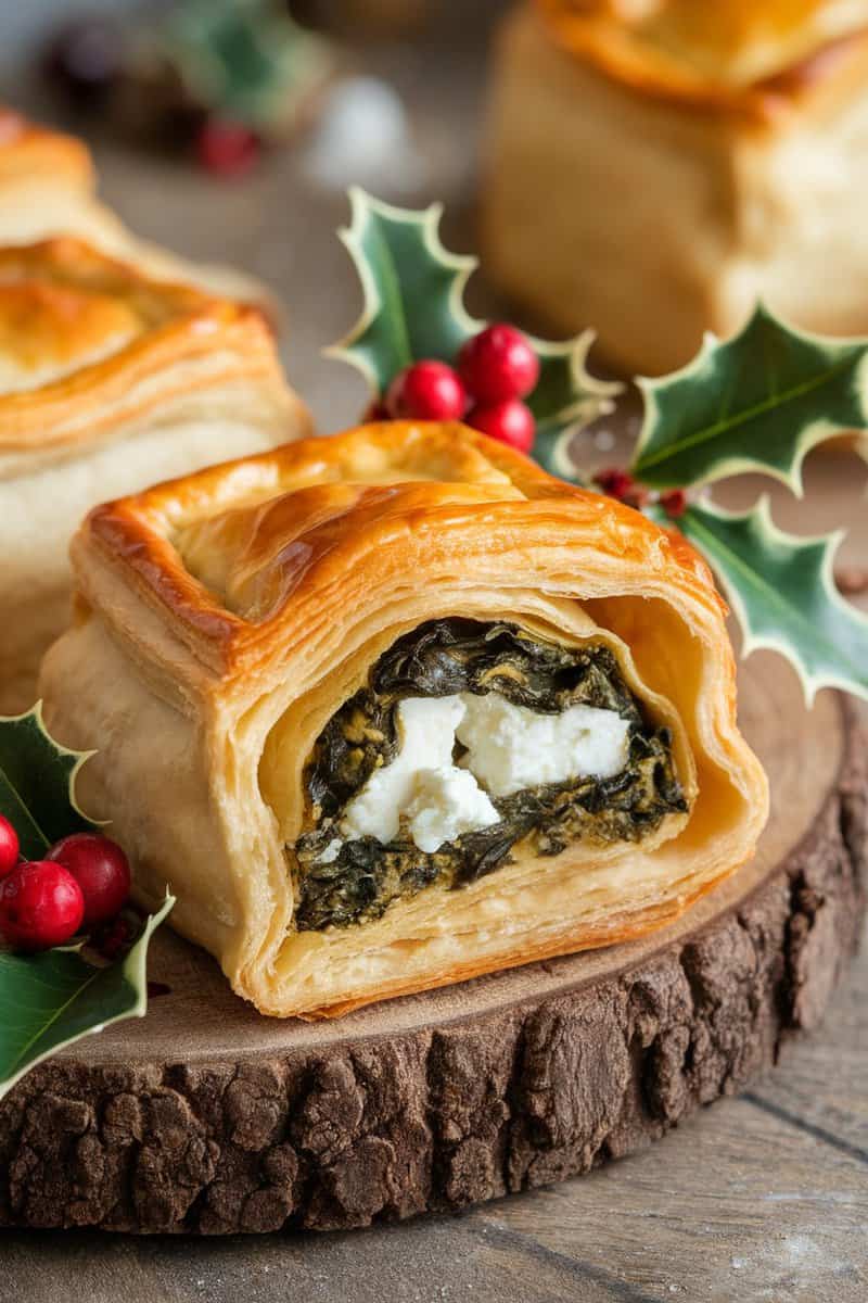 Savory spinach and feta puff pastry with a festive holiday presentation