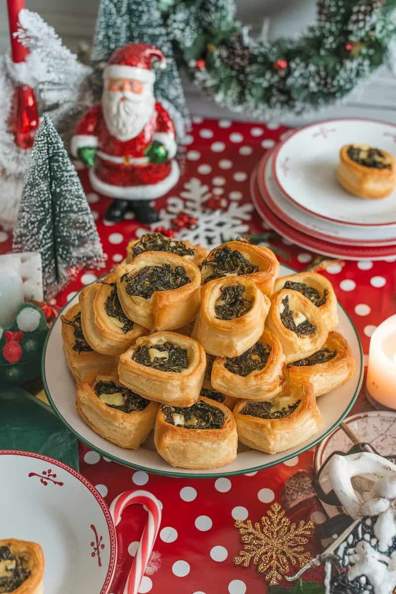 Savory Spinach and Feta Puff Pastry Bites displayed on a festive plate, perfect for Christmas appetizers.