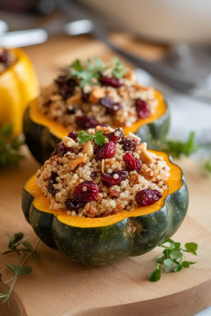 Savory stuffed acorn squash with quinoa, nuts, and cranberries