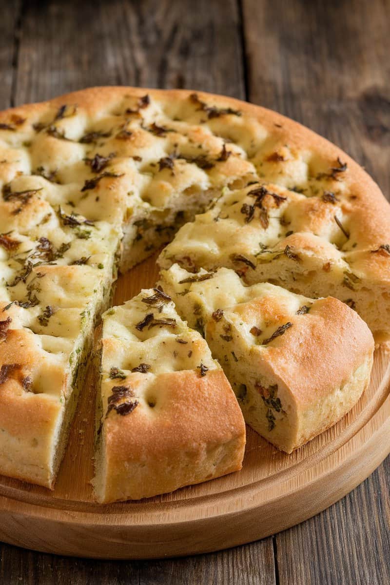 Savory stuffed focaccia bread with herbs and cheese.