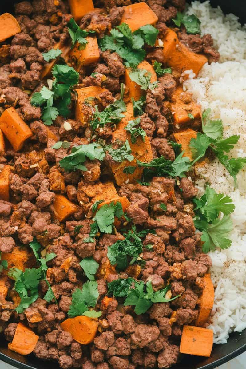 A skillet filled with ground beef, diced sweet potatoes, and fresh cilantro, served with rice.