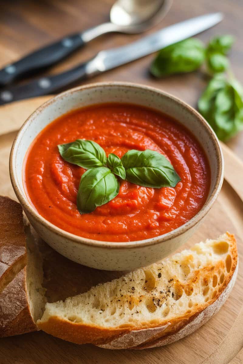 A bowl of savory tomato soup garnished with basil and served with a slice of crusty bread.