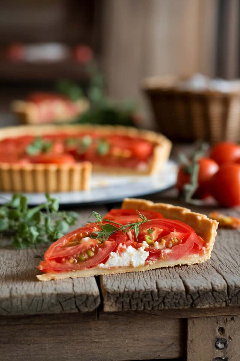 A savory tomato tart with goat cheese, showcasing fresh tomato slices on a crisp pastry crust.