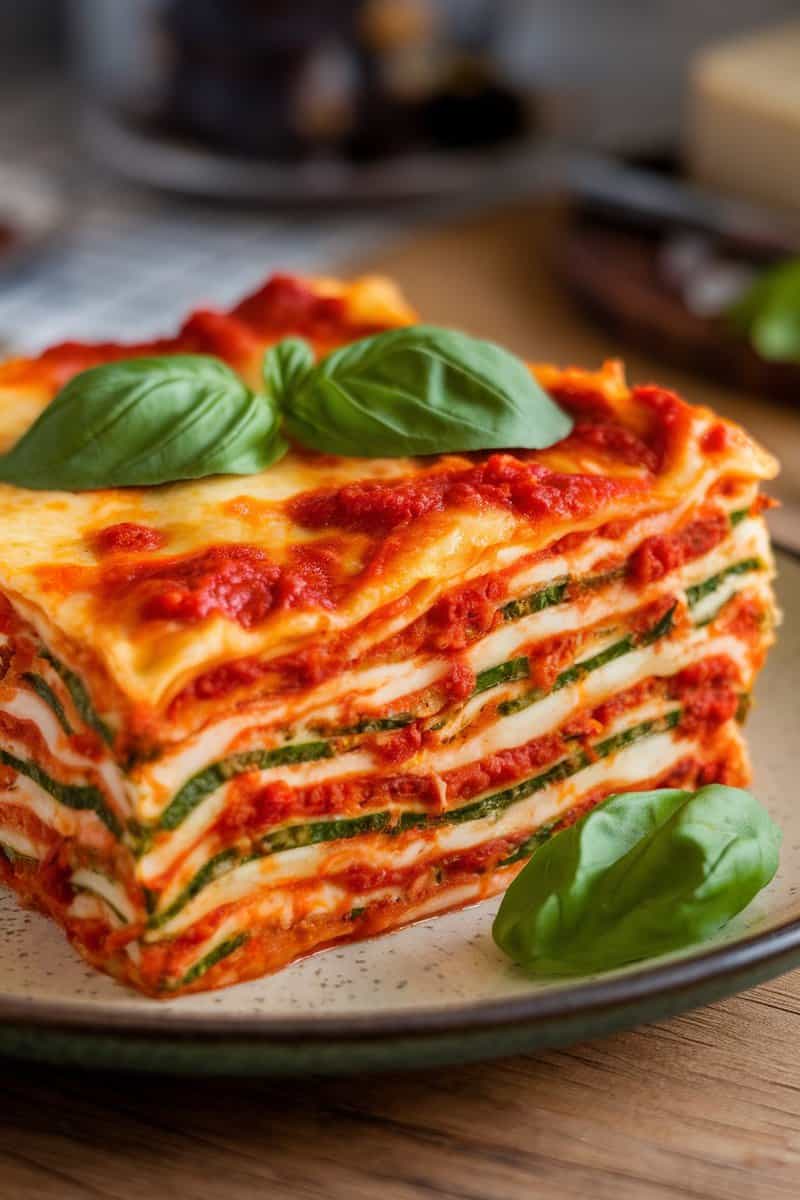 A slice of savory vegetable lasagna with layers of cheese, noodles, and vegetables.