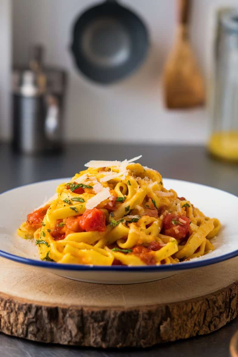 Delicious yellow tomato pasta served in a bowl