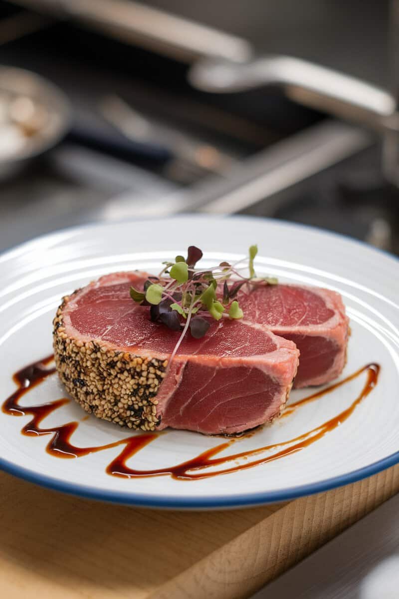 Seared sesame crusted tuna steak on a plate with garnish