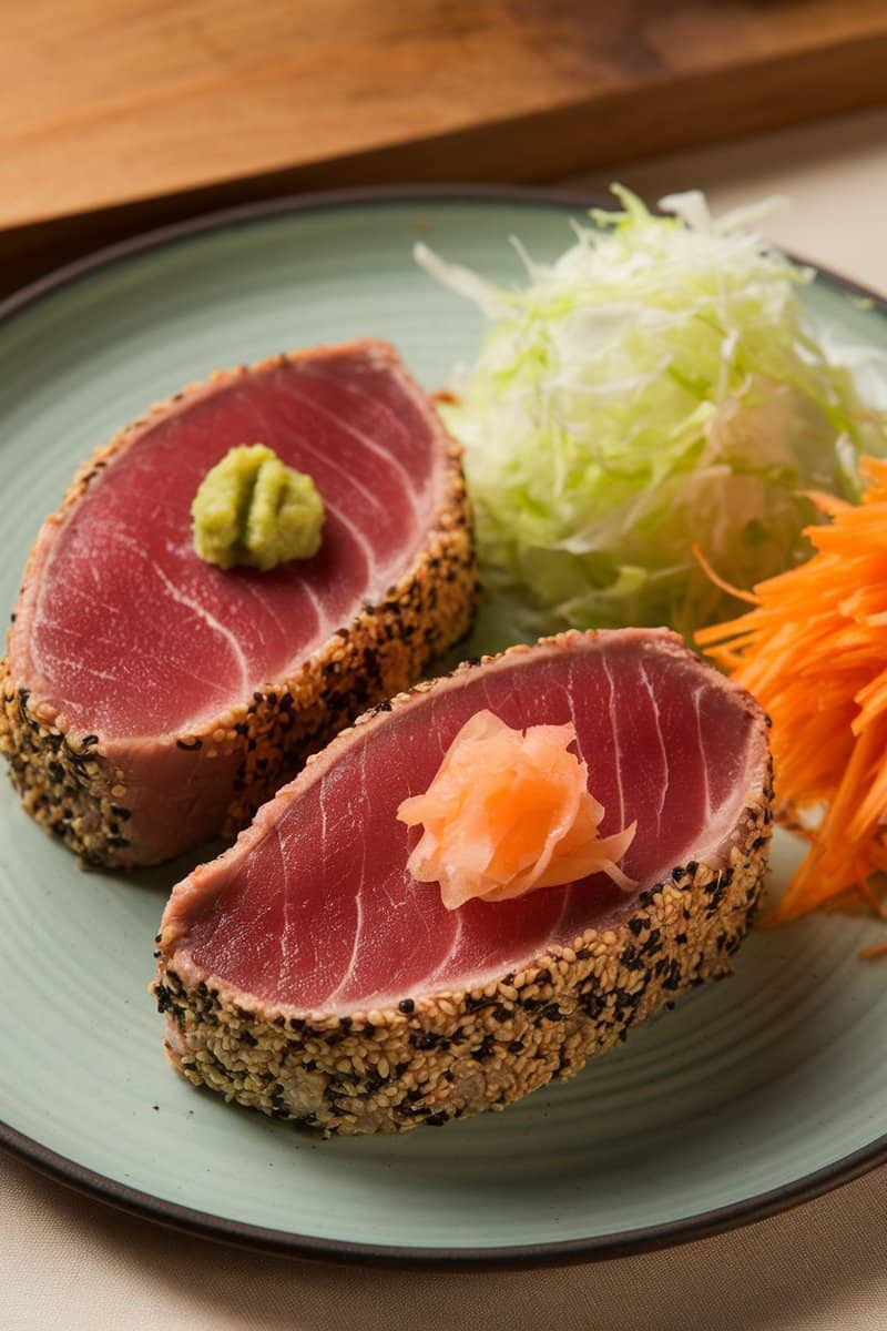 Seared tuna steaks with sesame crust, garnished with wasabi and pickled ginger