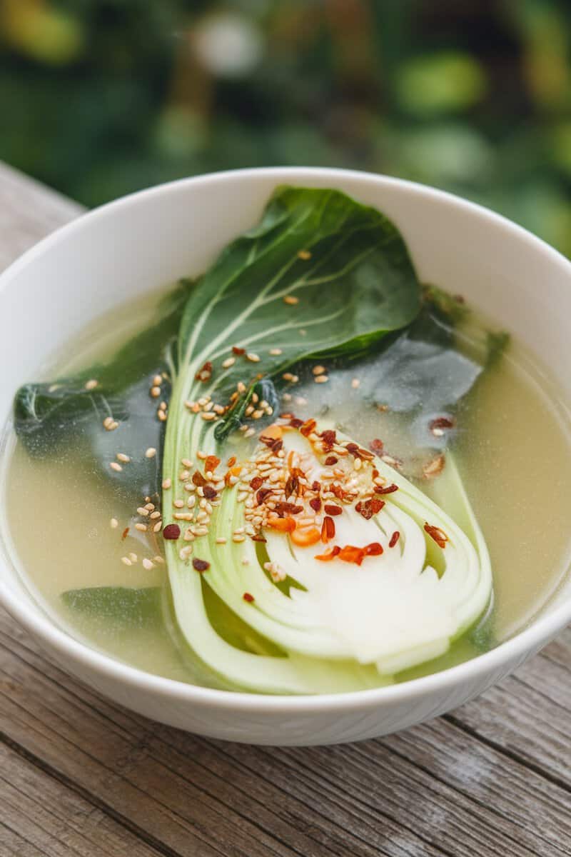 A bowl of Sesame Ginger Bok Choy Soup with bok choy, sesame seeds, and red pepper flakes