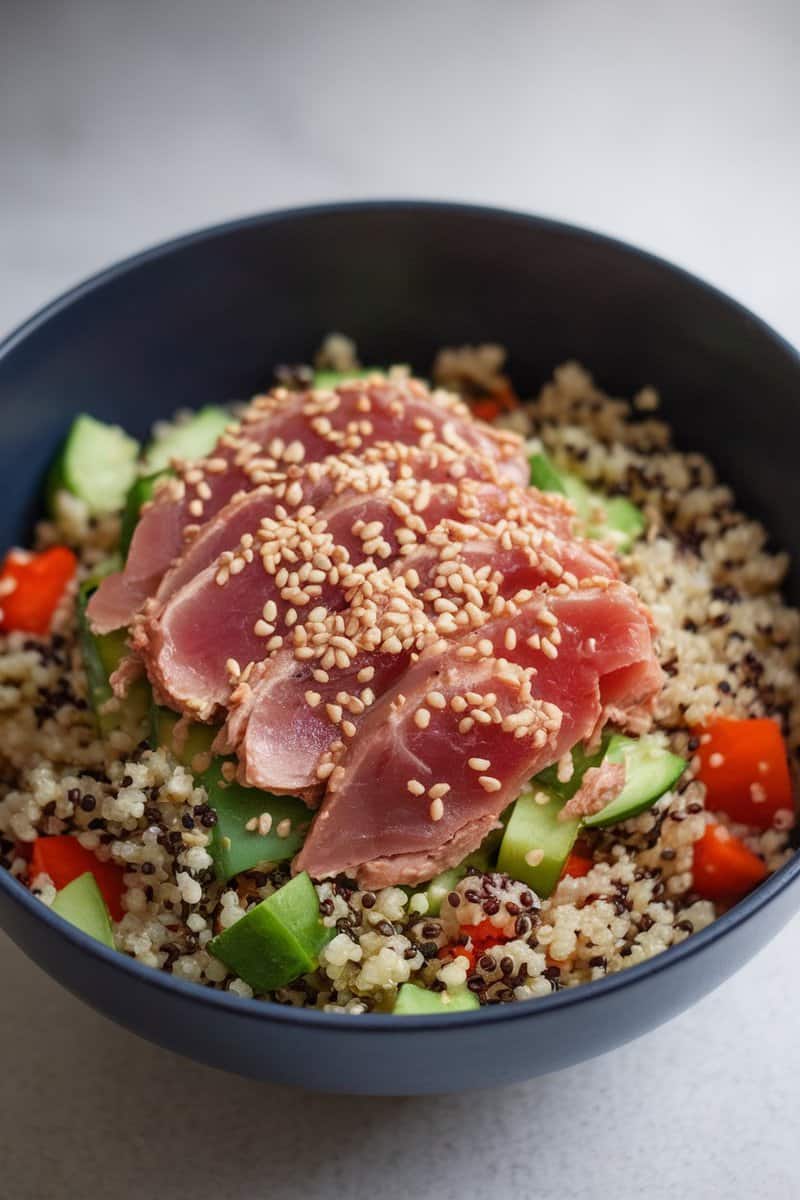 A vibrant sesame ginger tuna bowl with quinoa and colorful vegetables.