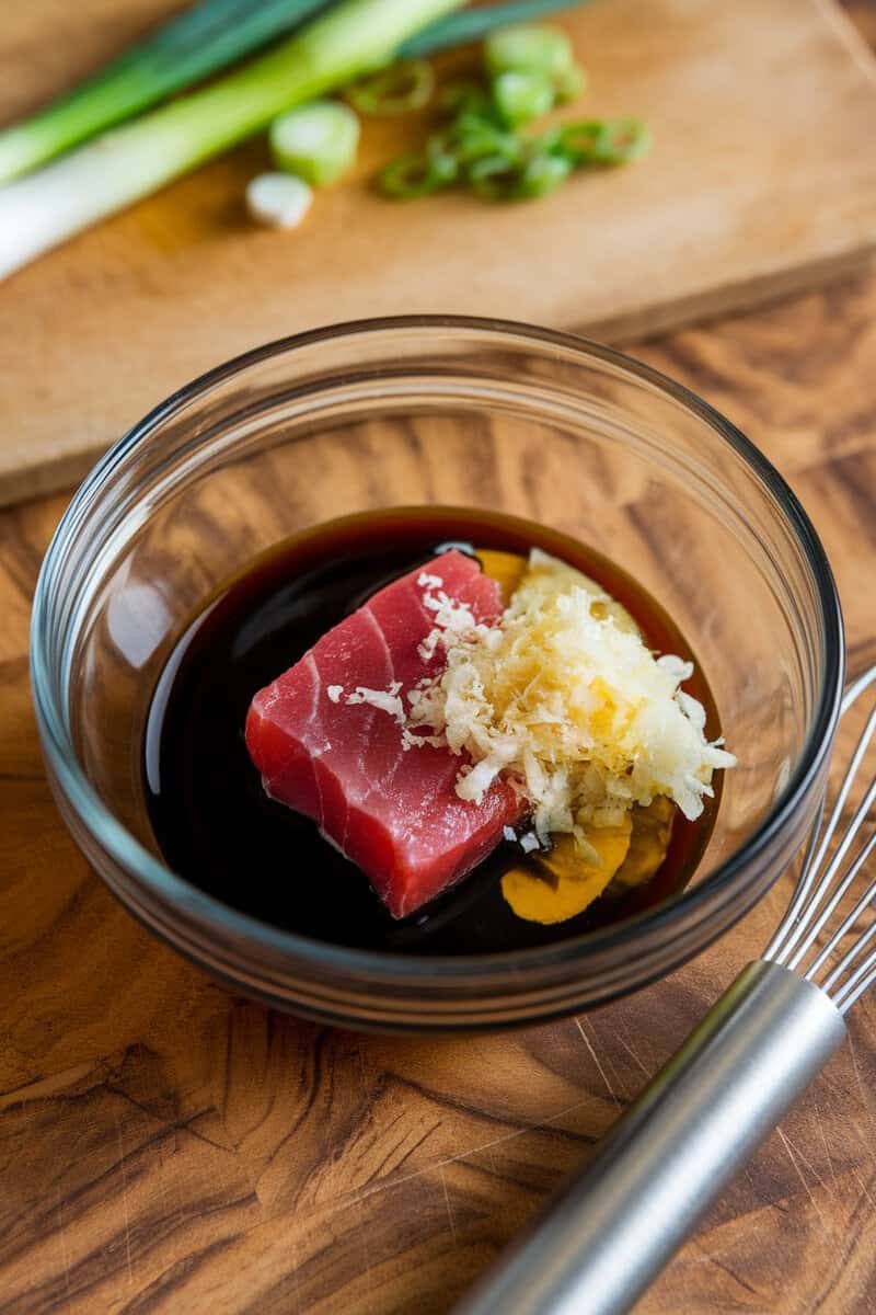 A bowl with marinade ingredients for tuna steak, including soy sauce and ginger.