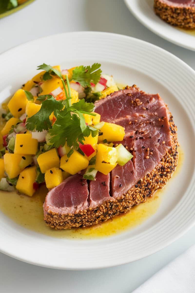 A plate of sesame-crusted tuna steak served with colorful mango salsa.