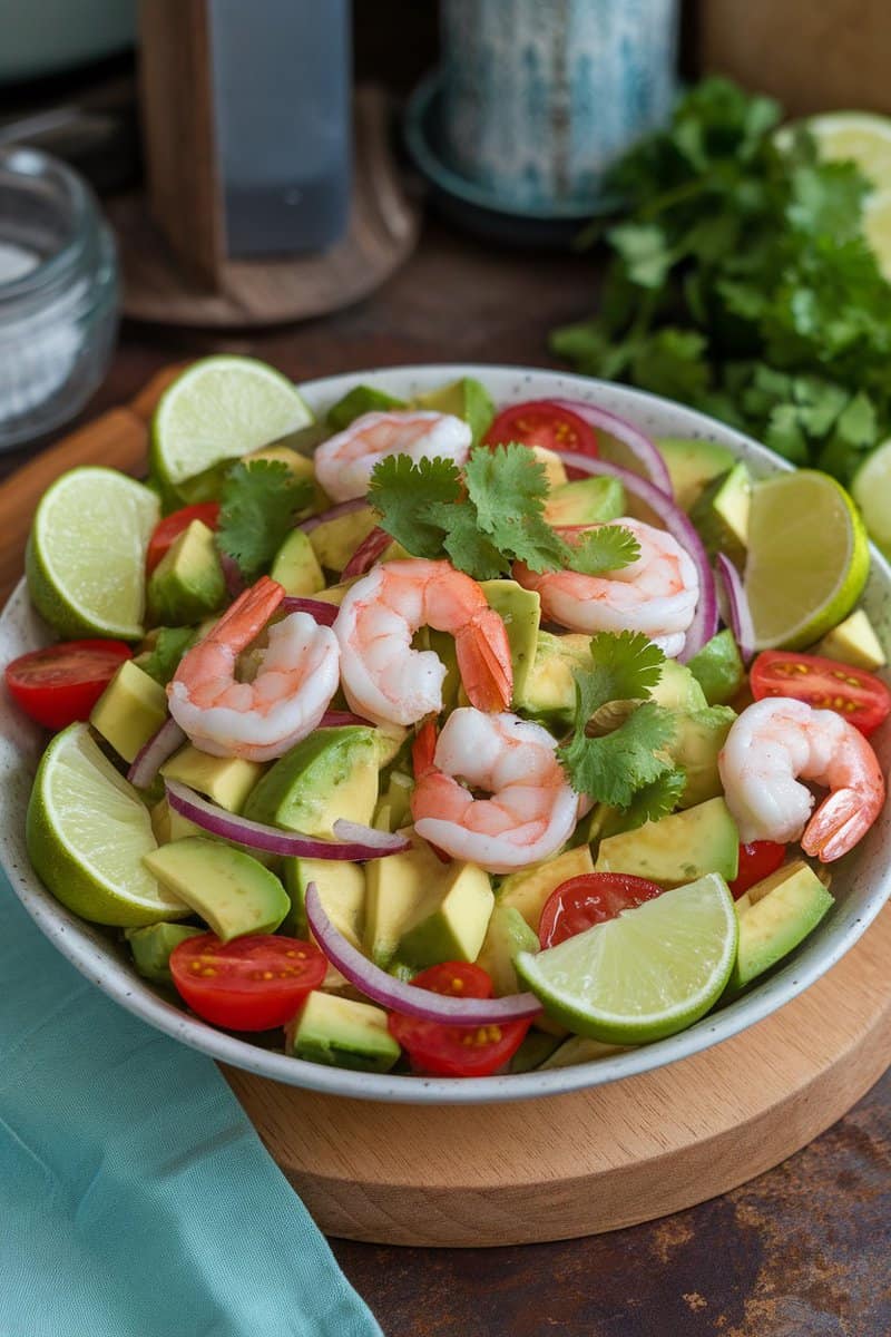 A colorful shrimp and avocado salad with lime and cilantro garnishes.