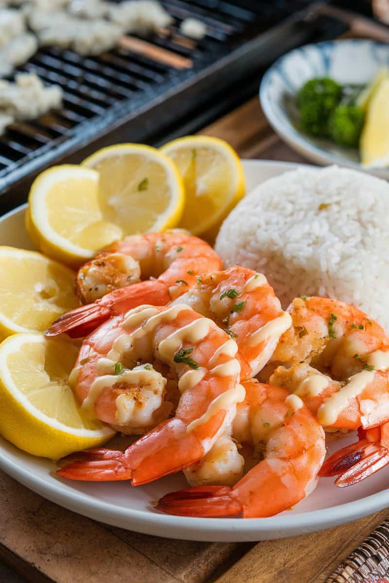 Delicious shrimp hibachi served with garlic butter, rice, and lemon wedges.