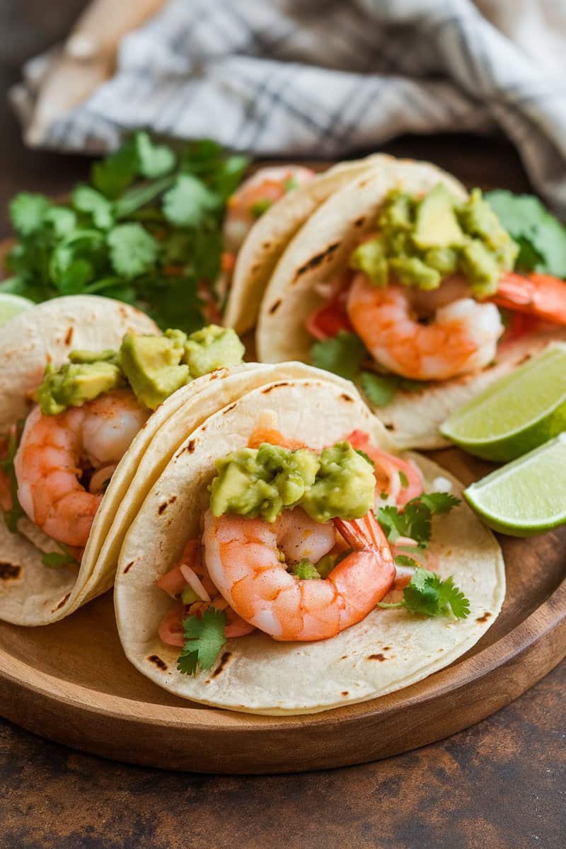 Three shrimp tacos topped with avocado salsa, garnished with cilantro and lime slices.