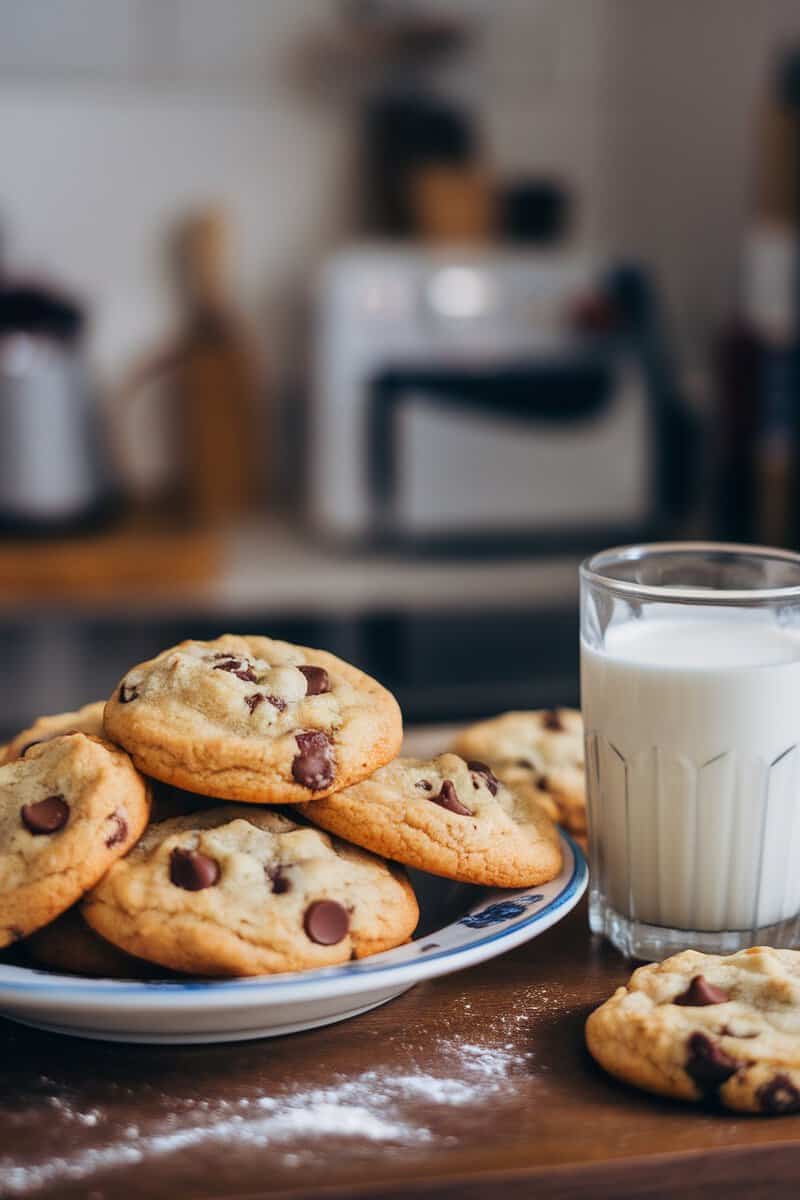 Plate of chocolate chip cookies next to a glass of milk