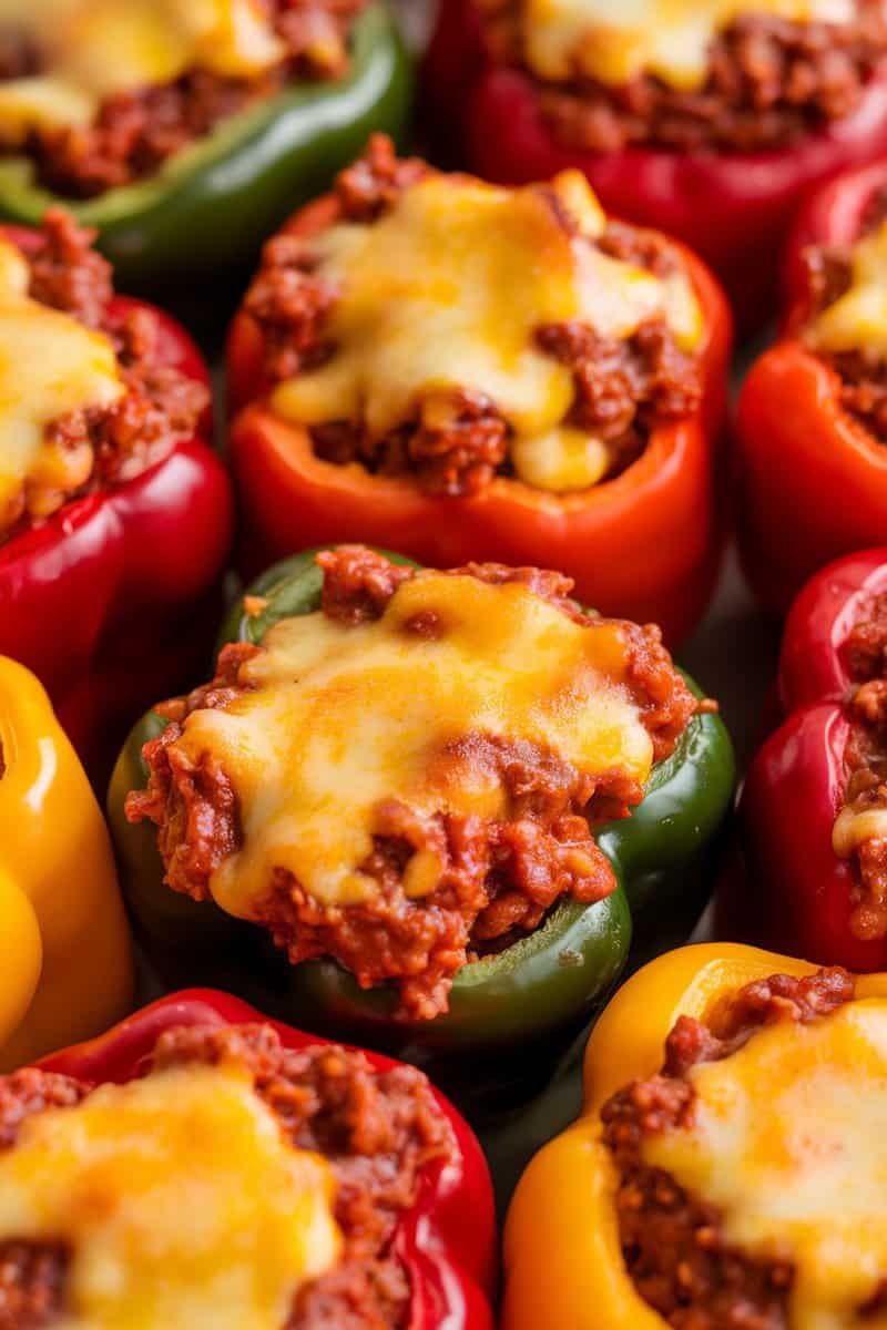 Colorful bell peppers stuffed with Sloppy Joe filling and melted cheese.