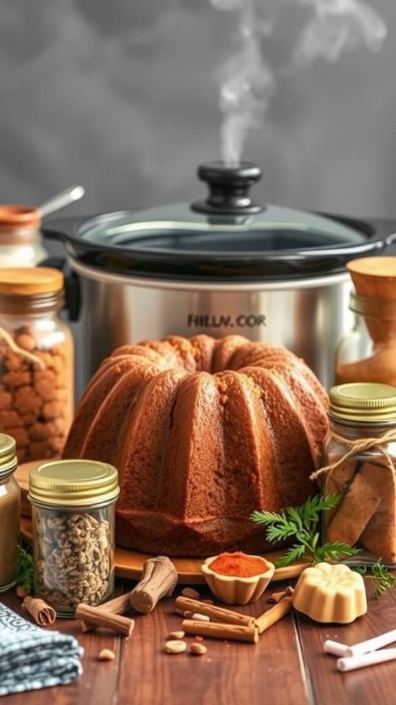 A beautifully baked fruitcake surrounded by spices and ingredients on a wooden table.