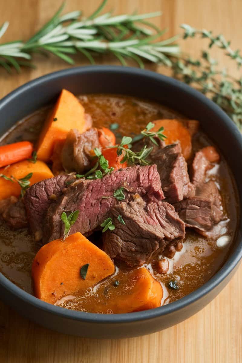 A bowl of slow cooker sweet potato and beef stew with fresh herbs on top