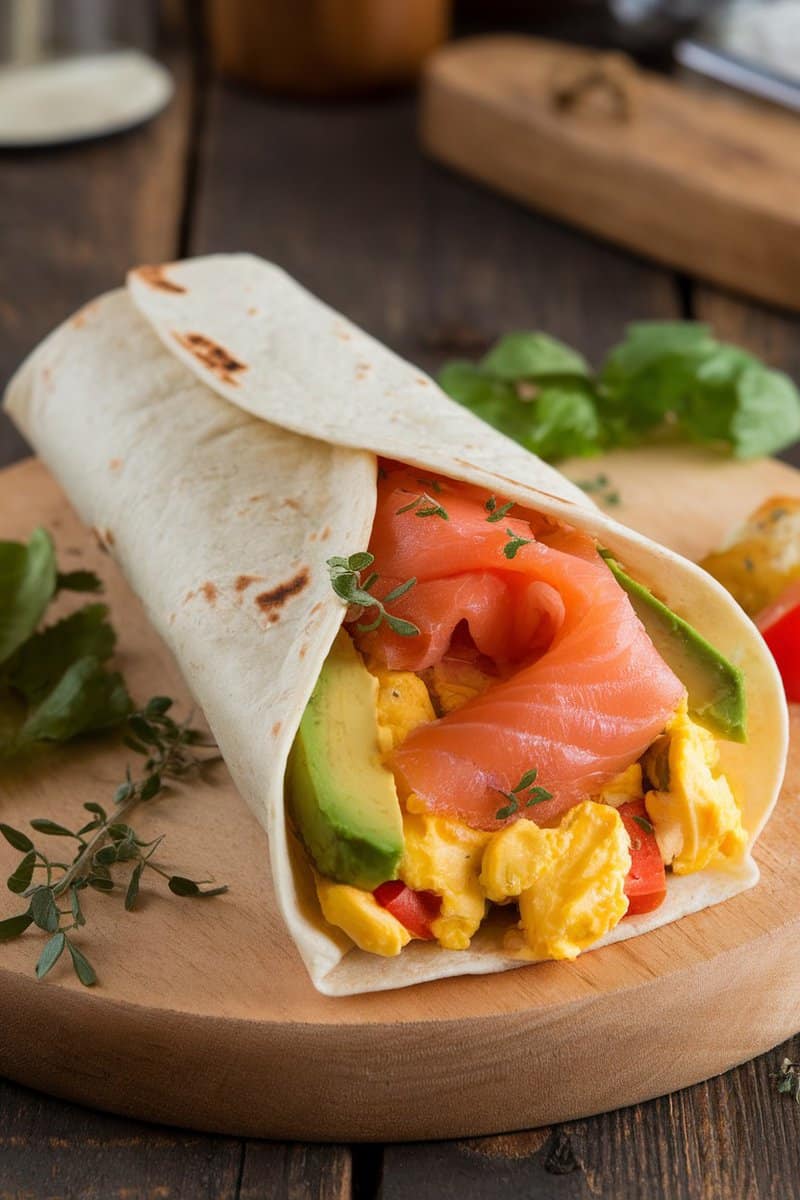 A delicious smoked salmon and avocado breakfast burrito on a wooden plate.