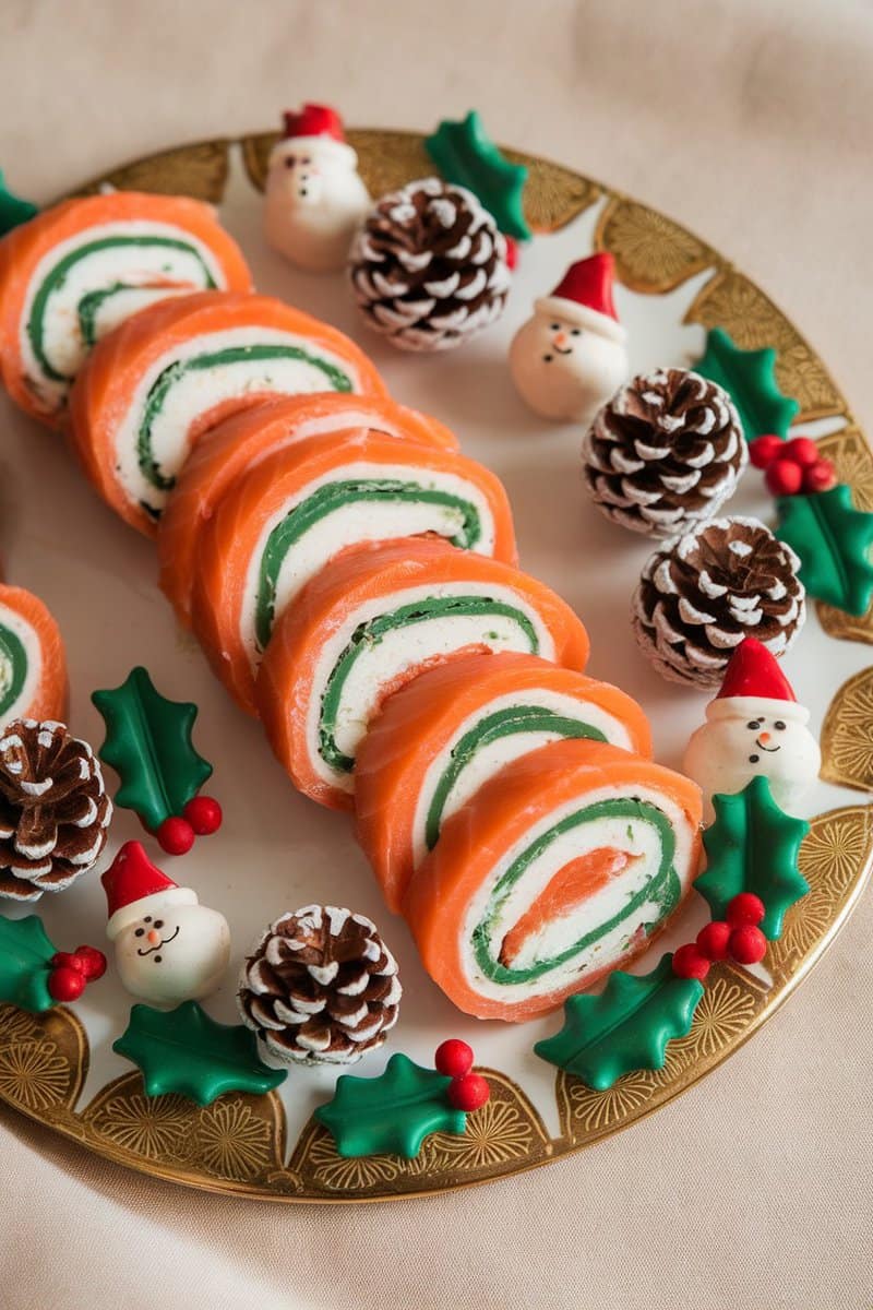 Platter of smoked salmon and cream cheese roll-ups decorated for Christmas