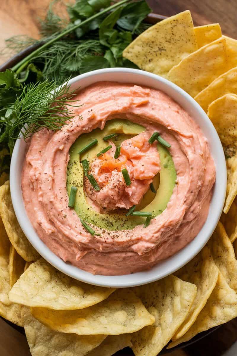 A bowl of smoked salmon avocado dip surrounded by tortilla chips.