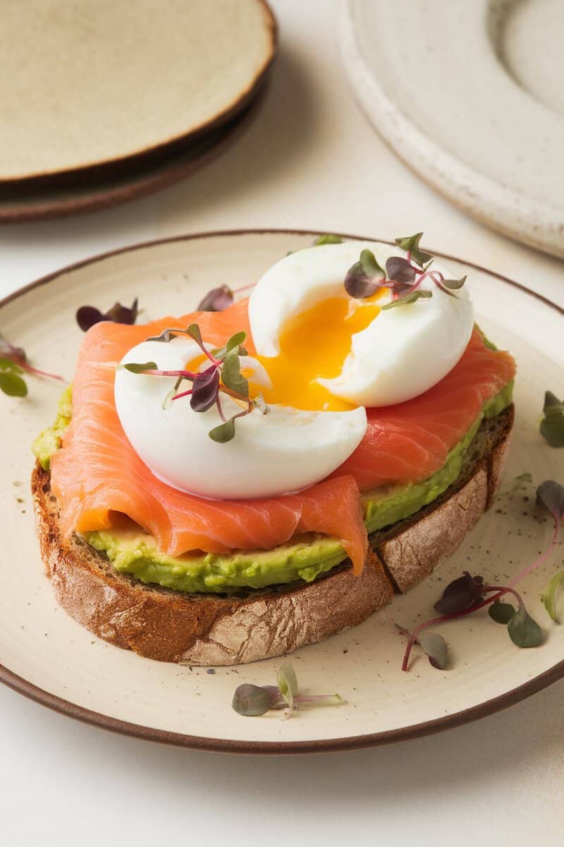 A delicious serving of smoked salmon avocado toast topped with a poached egg, garnished with microgreens.