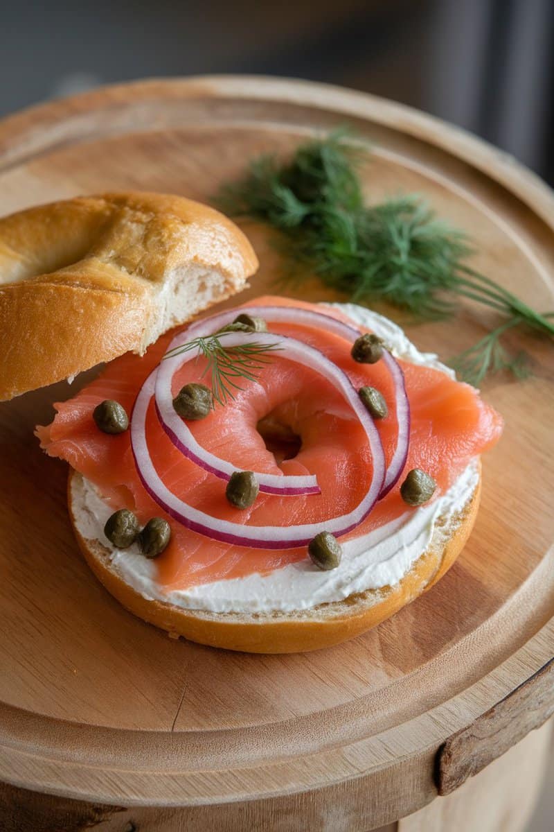 A smoked salmon bagel topped with cream cheese, red onion, capers, and dill on a wooden surface.