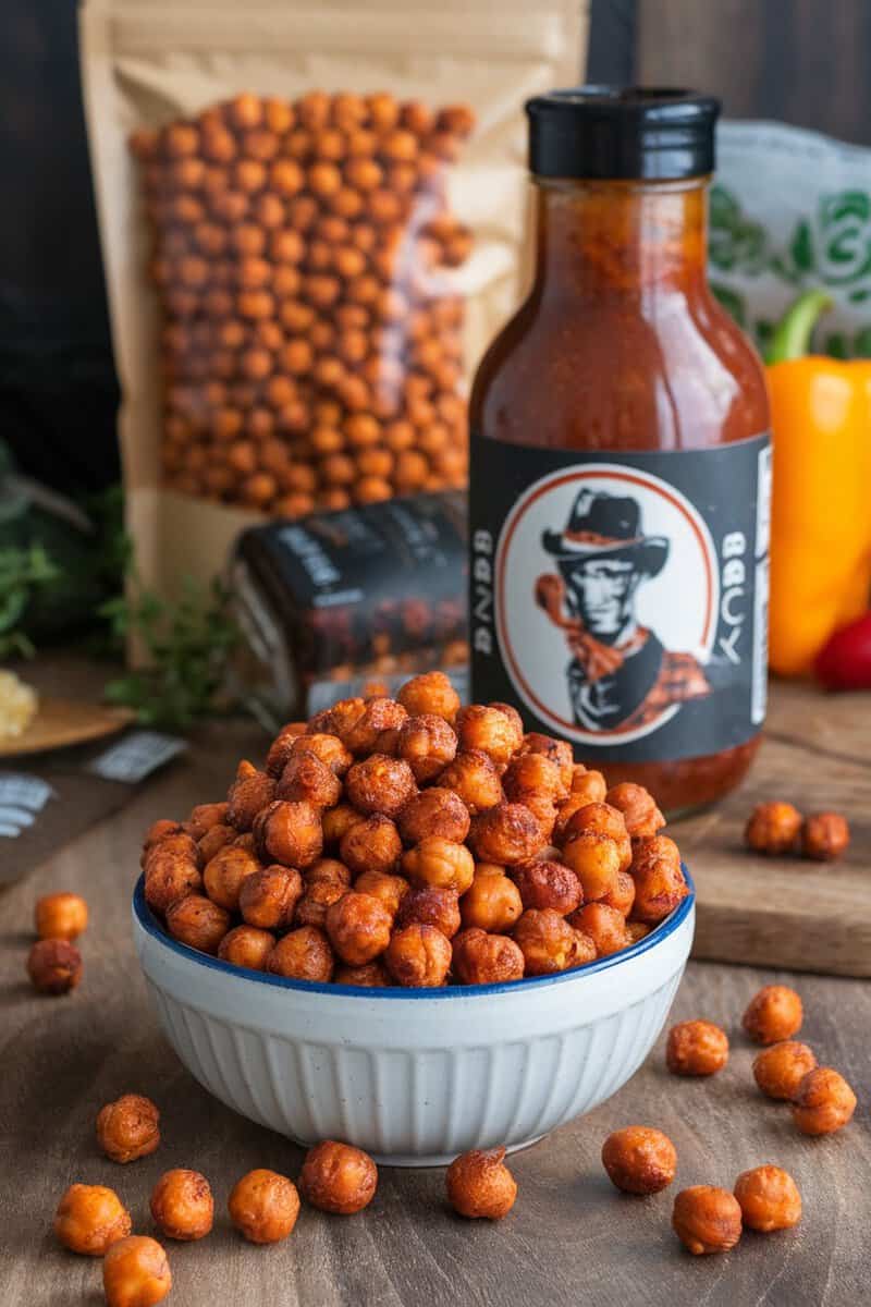 A bowl of crispy roasted chickpeas with BBQ sauce and other ingredients in the background.