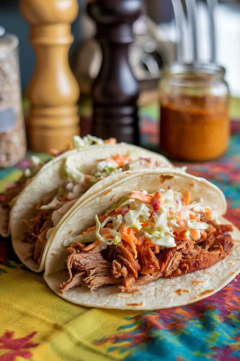 Pulled pork tacos with coleslaw on a colorful tablecloth.