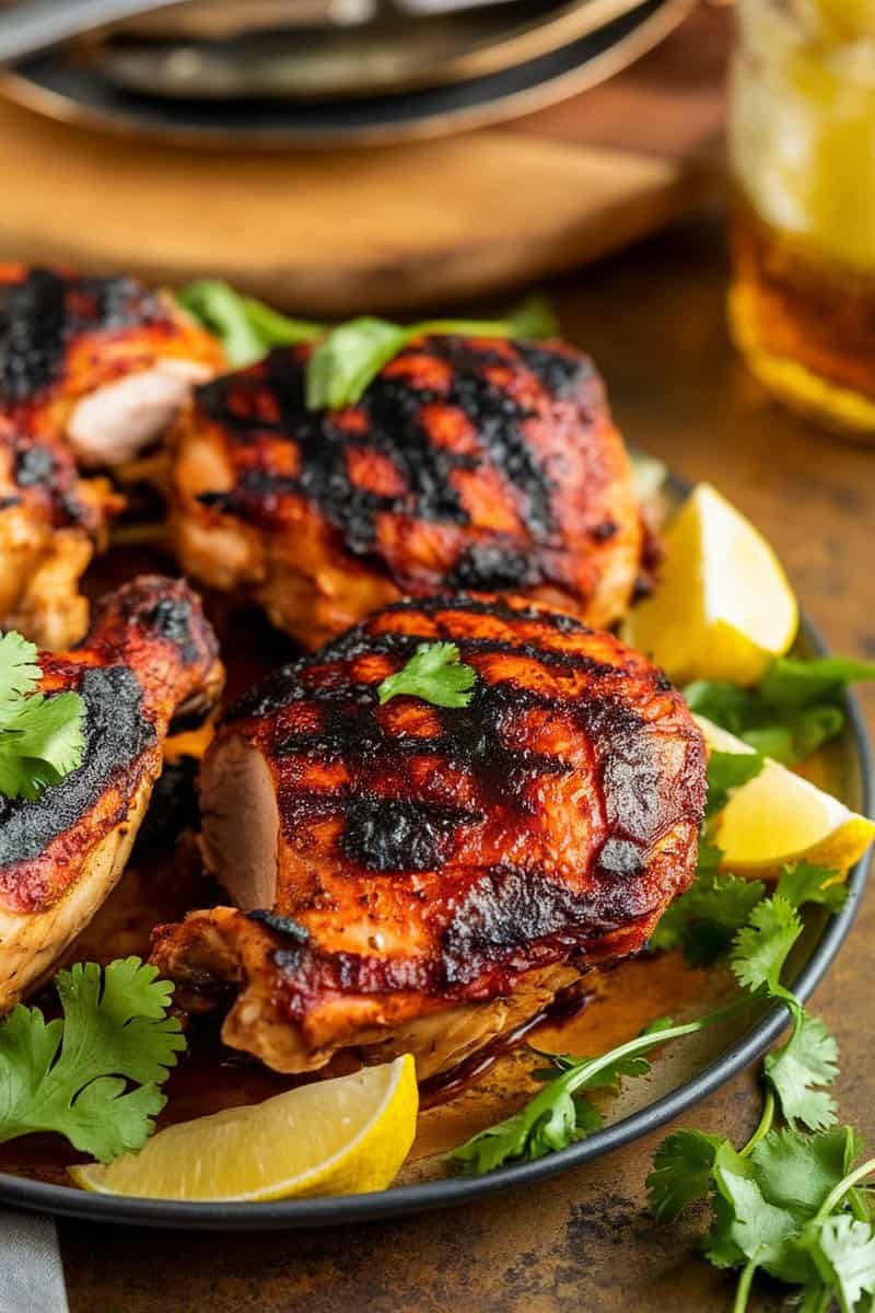 Grilled chicken thighs with smoky chipotle sauce, garnished with cilantro and lemon wedges.