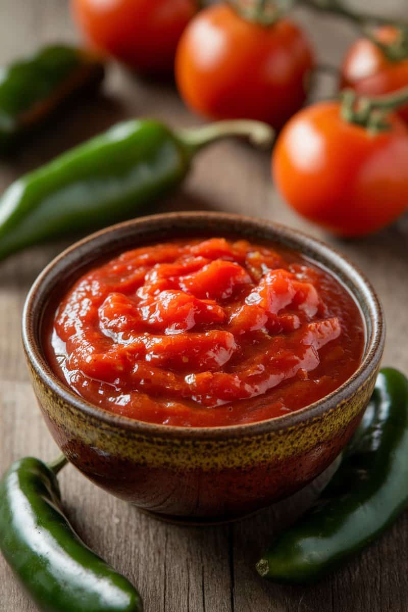 A bowl of smoky chipotle tomato chutney with fresh tomatoes and green chilies in the background.