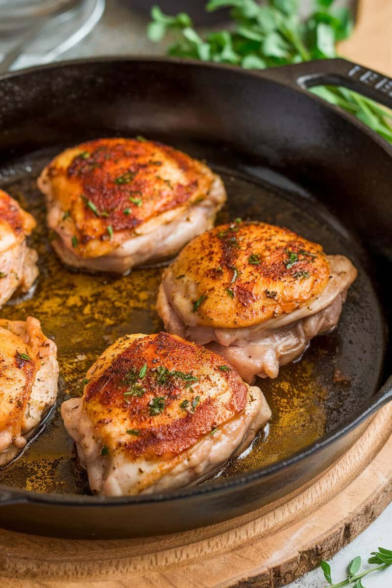 Crispy smoky paprika chicken thighs in a cast-iron skillet