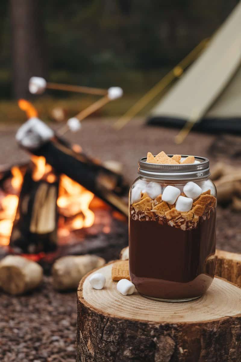 A jar filled with s'mores hot chocolate mix ingredients, resting on a log with a campfire in the background.