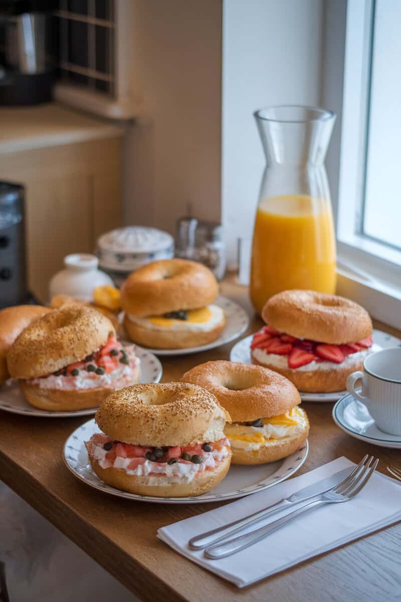 A variety of soft and chewy bagels filled with different breakfast ingredients.