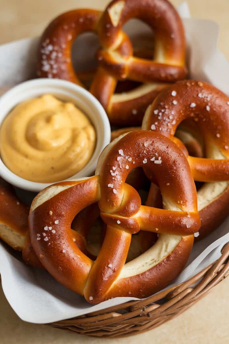 A basket of soft pretzels with a mustard dip