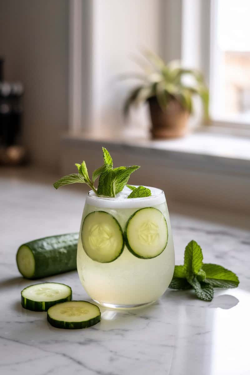 A refreshing cucumber mint fizz drink with slices of cucumber and mint leaves.