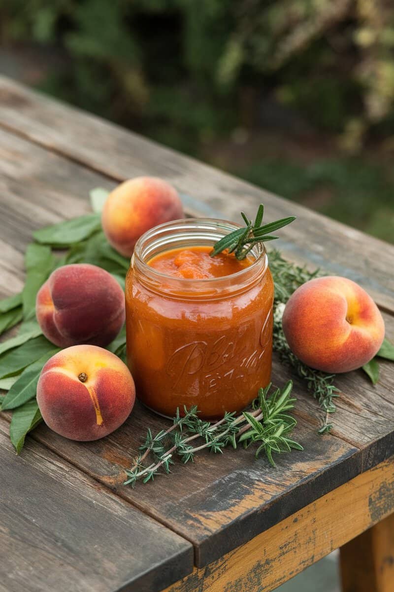 A jar of peach BBQ sauce surrounded by fresh peaches and herbs on a wooden table.