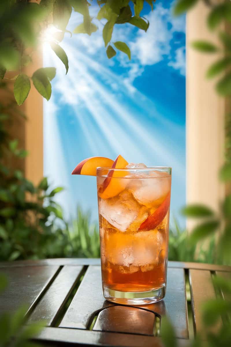 A refreshing glass of Southern Peach Sweet Tea with peach slices and ice, set against a bright, sunny background.