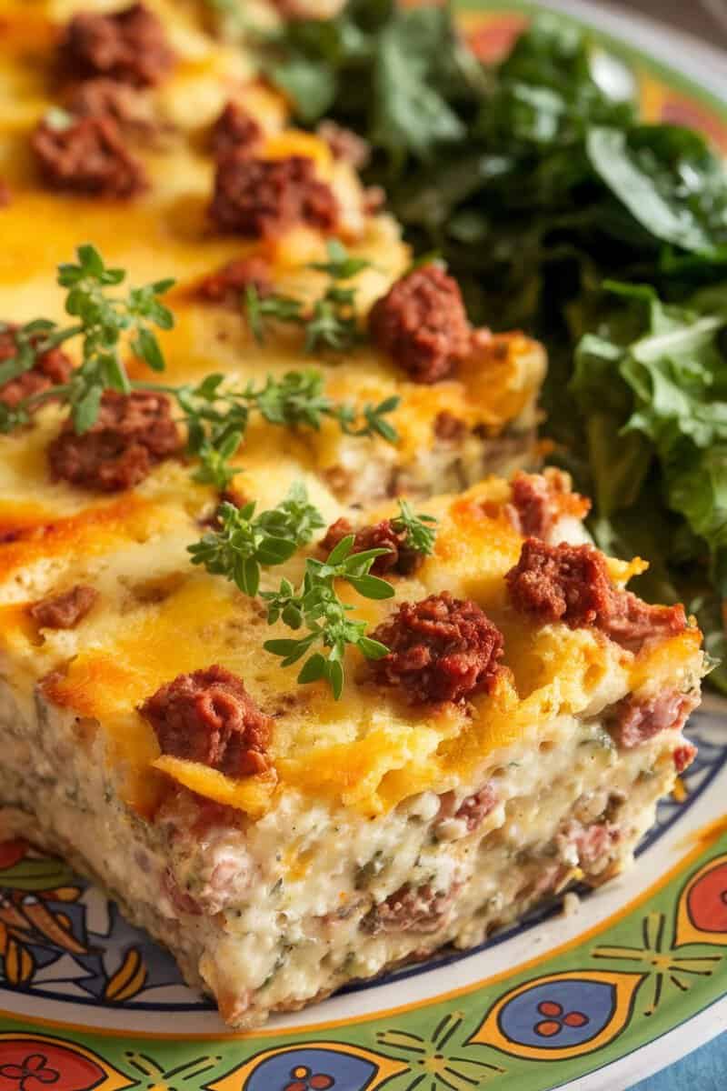 A delicious Southern Style Grits Casserole topped with cheese and herbs, served with a side of greens.