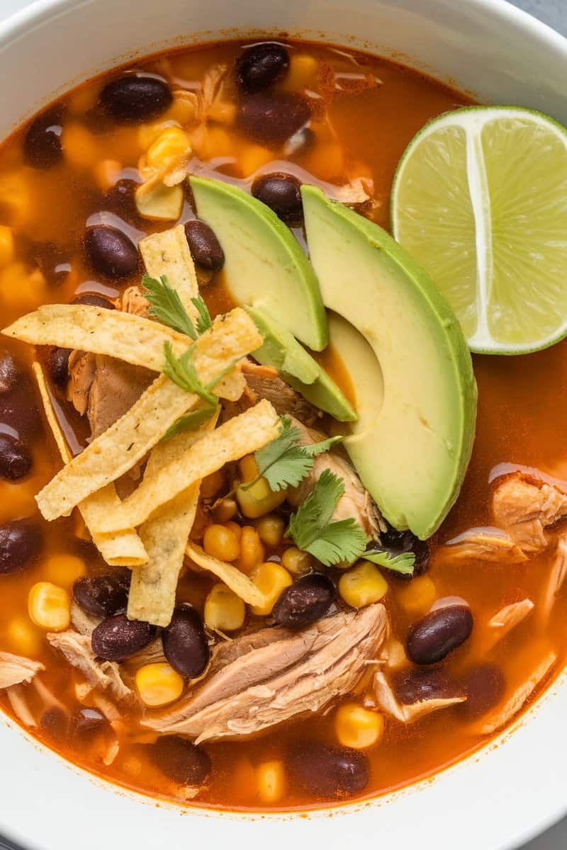 Bowl of Southwest Chicken Tortilla Soup topped with avocado, tortilla strips, and lime.