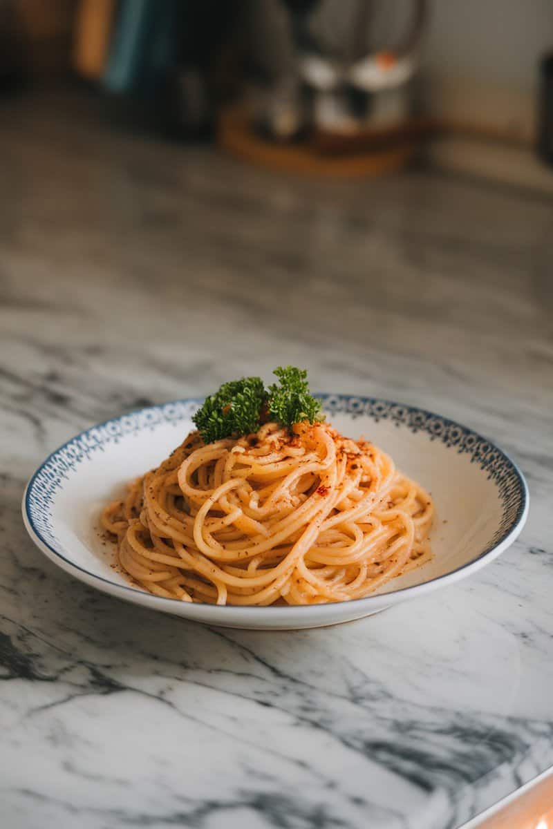 A plate of spaghetti aglio e olio garnished with parsley on a marble countertop.