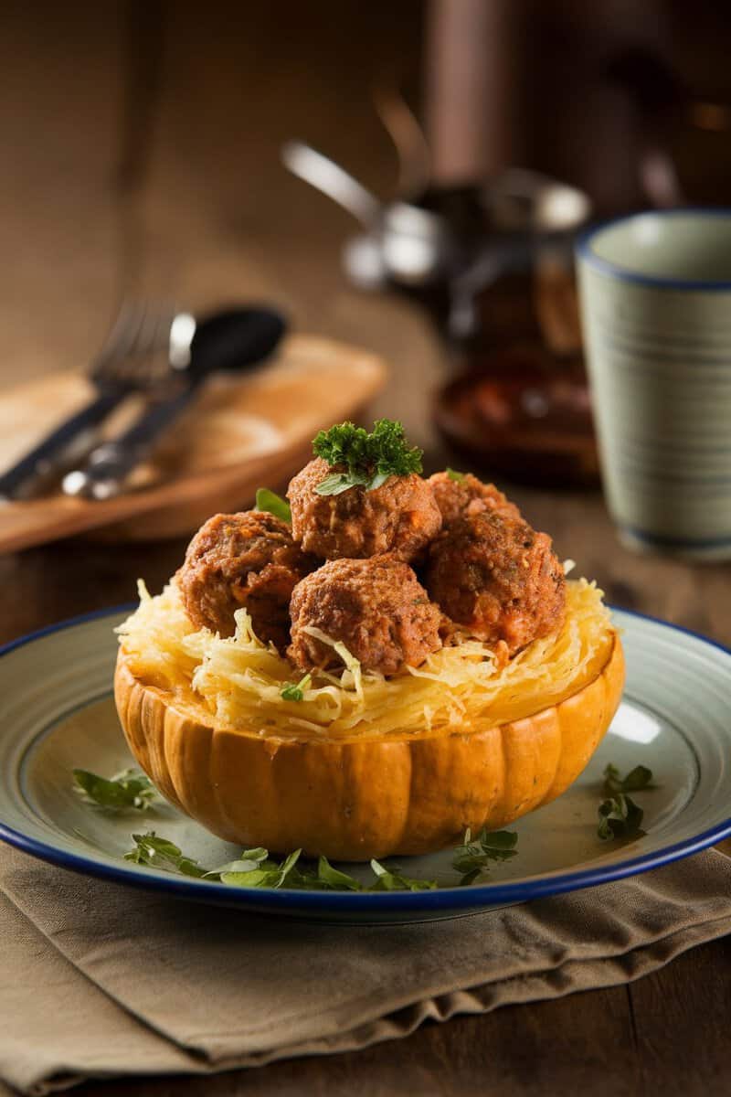 A bowl of spaghetti squash topped with Mediterranean meatballs, garnished with parsley.