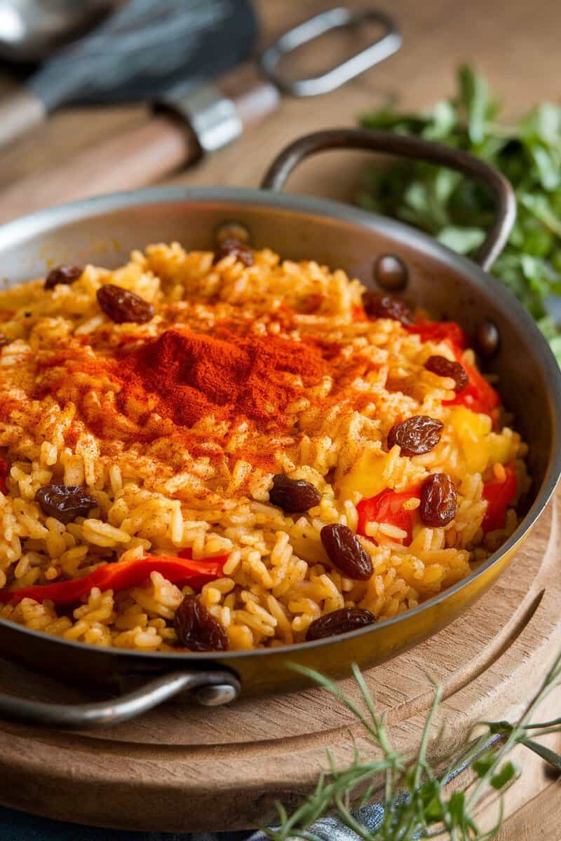 Spanish rice with raisins and bell peppers in a skillet