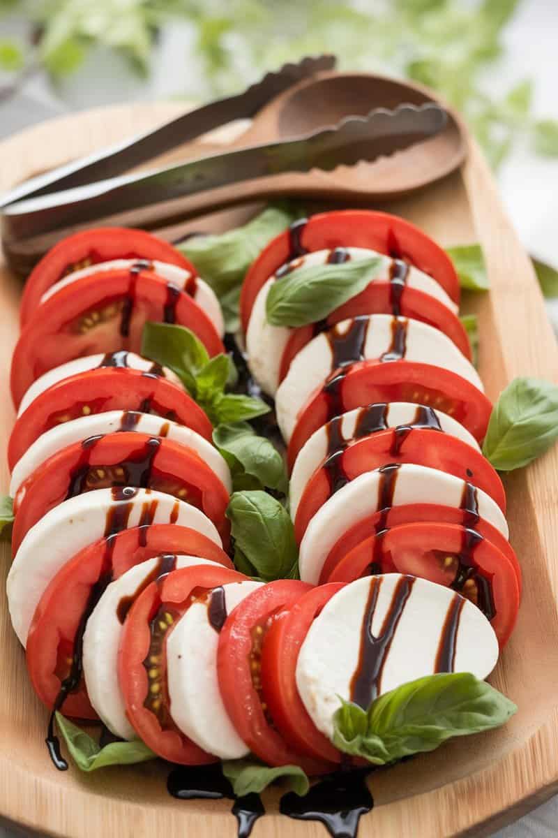 A refreshing Caprese salad with slices of tomato and mozzarella, garnished with fresh basil and balsamic glaze.