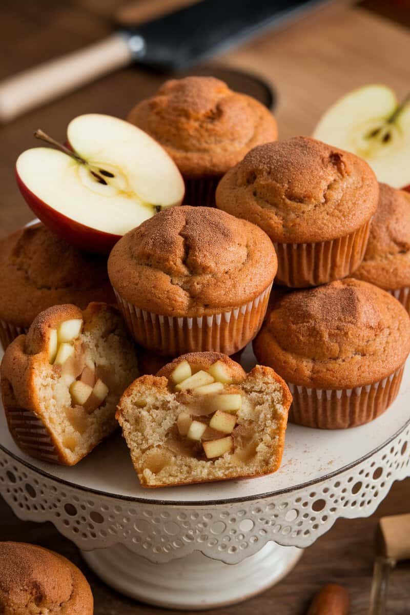 A plate of spiced apple muffins with one cut in half showing apple pieces inside.